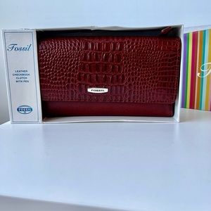 Fossil Cognac Leather Checkbook Clutch Wallet